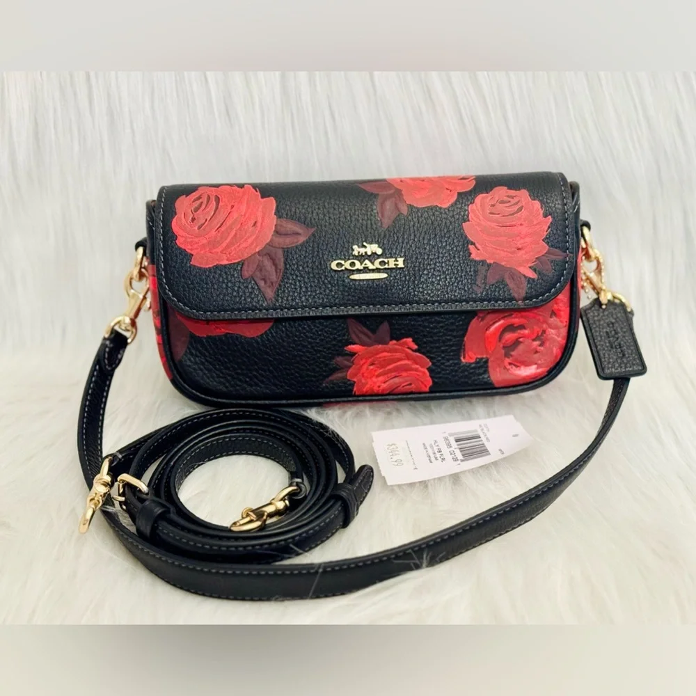 NWT Coach Floral Print Hailey Flap Crossbody Bag CCF74 in Black/Red - Picture 6 of 15